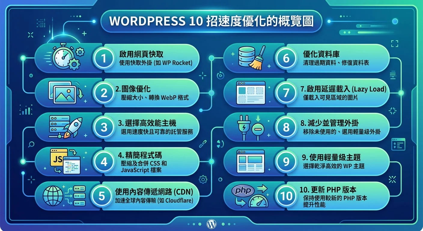 WordPress 10 招速度優化的概覽圖，以數字 1-10 排列各優化策略的圖示，配色使用藍色和綠色漸變