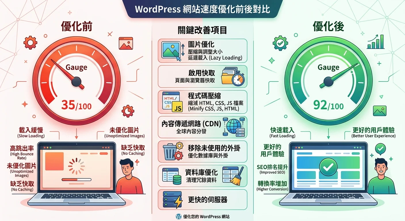 WordPress 速度優化前後對比圖，左側為優化前的紅色低分數，右側為優化後的綠色高分數，中間列出關鍵改善項目