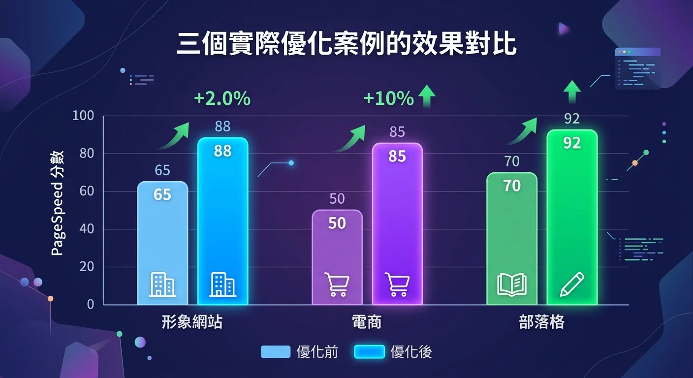 三個實際優化案例的效果對比長條圖，分別顯示形象網站、電商、部落格優化前後的 PageSpeed 分數變化