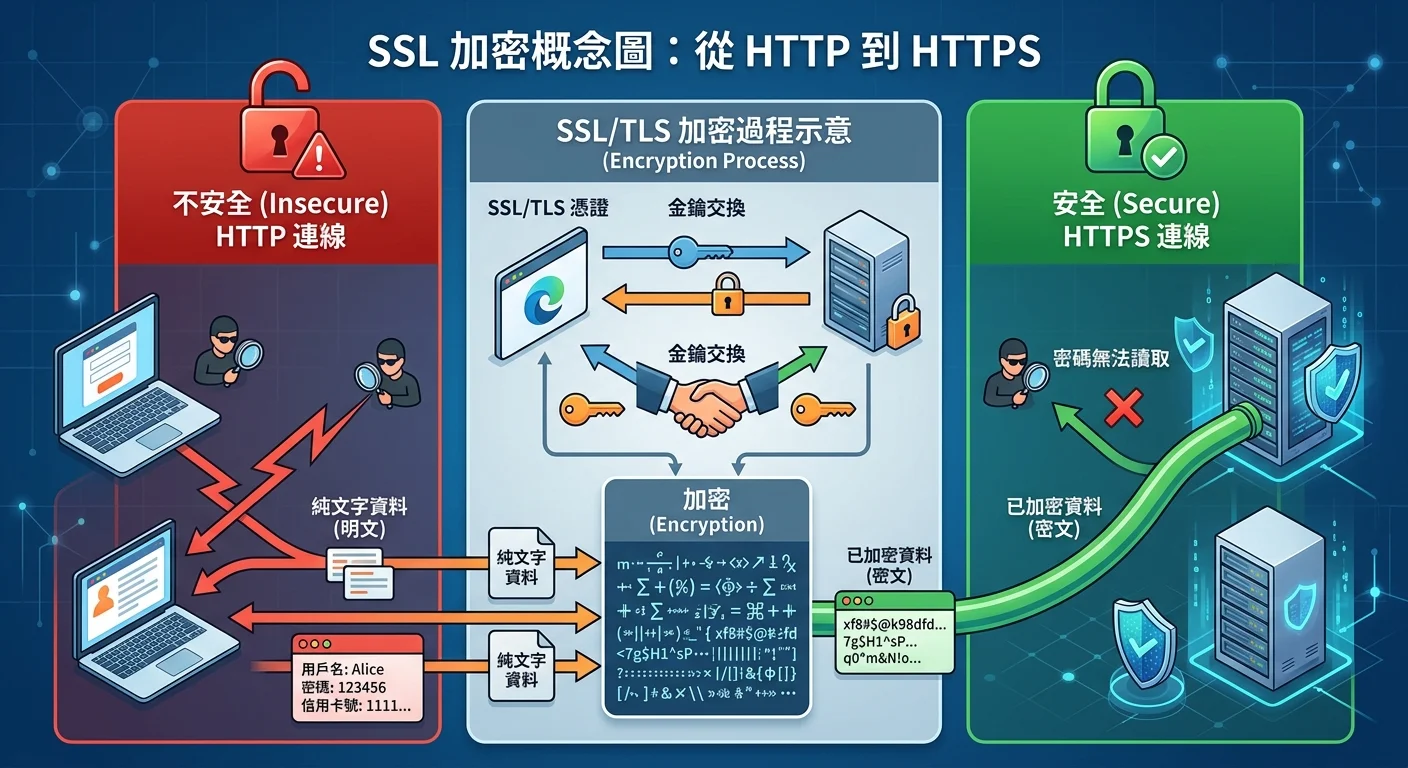SSL 加密概念圖，左側為「不安全」的 HTTP 連線（紅色鎖頭開啟），右側為安全的 HTTPS 連線（綠色鎖頭關閉），中間為加密過程示意