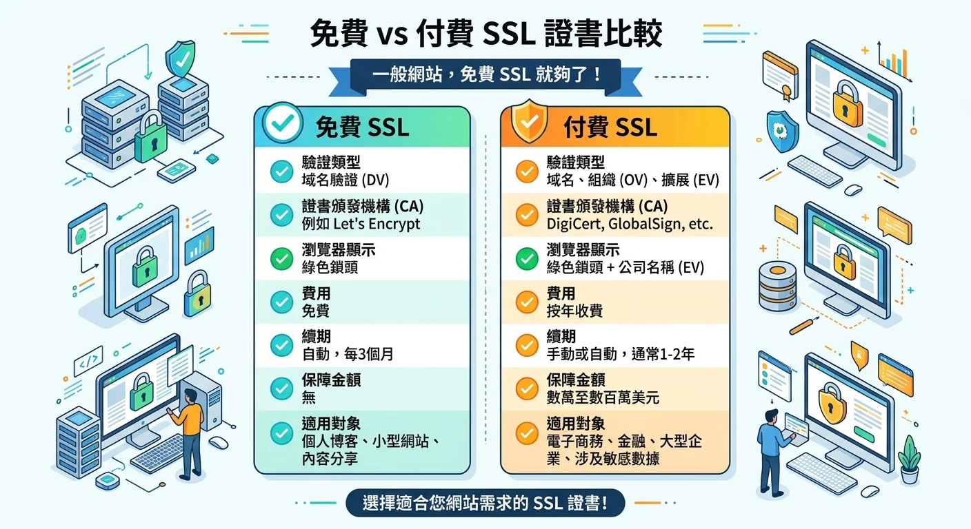 免費 vs 付費 SSL 比較圖，兩欄設計對比功能差異，標示一般網站用免費就夠
