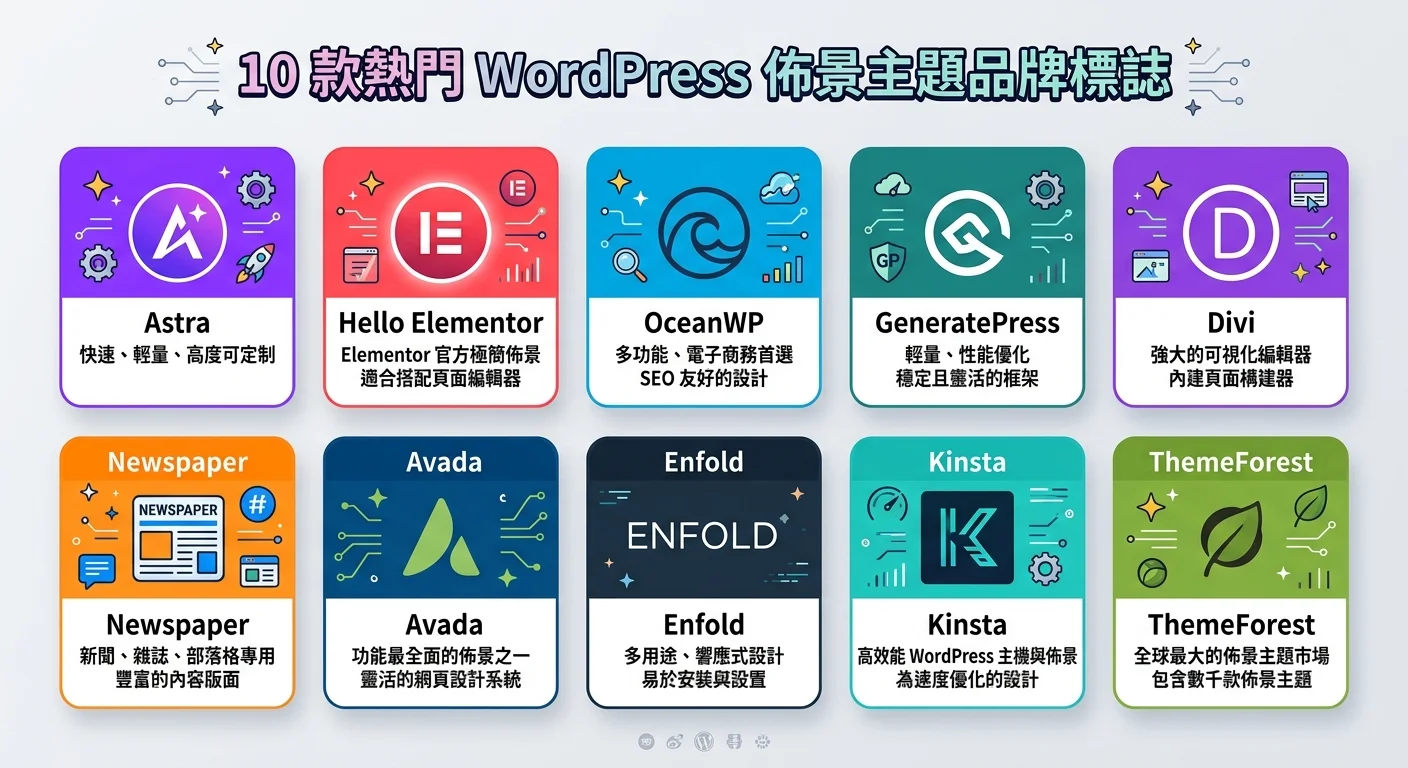 10 款 WordPress 佈景主題的 Logo 排列，配色使用各主題的品牌色