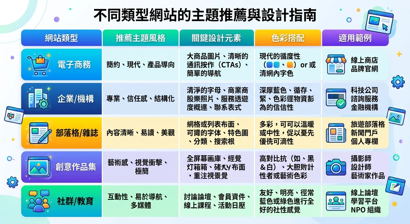 依網站類型的主題推薦對照表格圖