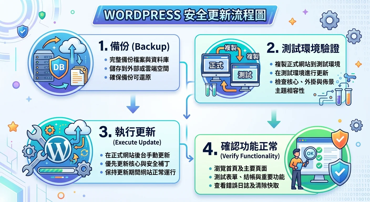 WordPress安全更新流程圖，四步驟由上往下：備份→測試環境驗證→執行更新→確認功能正常，每步驟有圖示和注意事項