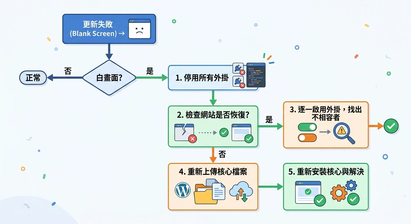 更新失敗排錯流程圖，從白畫面開始→停用外掛→恢復嗎？→找出不相容外掛/重新上傳核心檔案