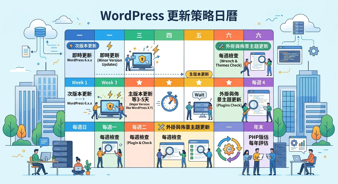 WordPress更新策略日曆圖，標示不同更新類型的建議頻率：次版本（即時更新）、主版本（等3-5天）、外掛（每週檢查）、PHP（每年評估）