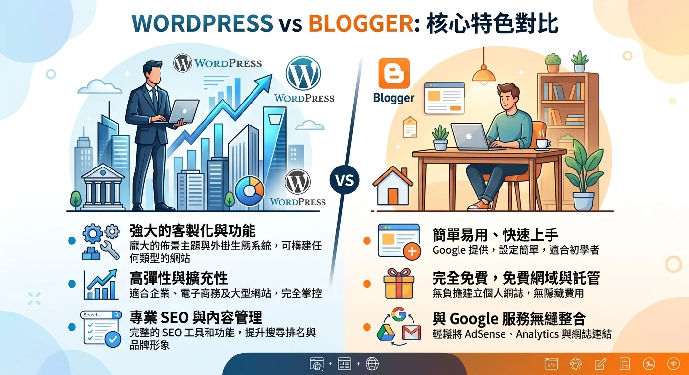 WordPress vs Blogger 對比圖，左側 WordPress 以專業商務風格呈現，右側 Blogger 以簡約個人風格呈現，各自列出 2-3 個核心特色