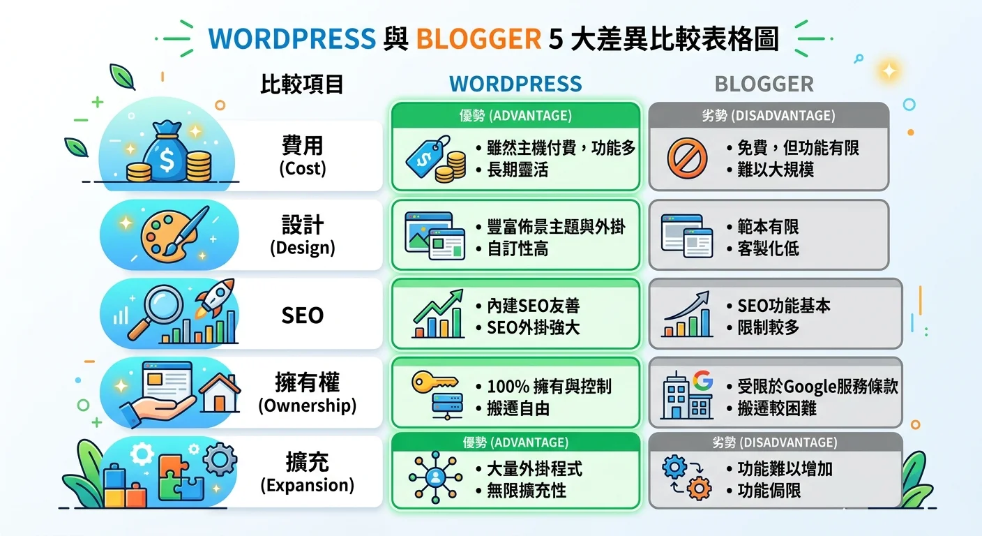 5 大差異比較表格圖，五行分別為費用、設計、SEO、擁有權、擴充，每行用顏色標示 WordPress 和 Blogger 的優劣勢（綠色 = 優勢，灰色 = 劣勢）