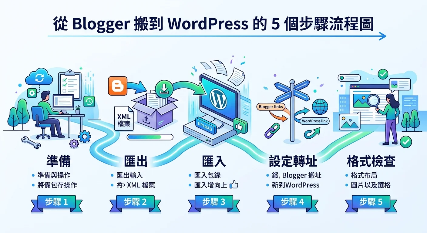 Blogger 搬到 WordPress 的步驟流程圖，5 個步驟依序排列：準備 → 匯出 → 匯入 → 設定轉址 → 格式檢查，每步搭配簡易圖示