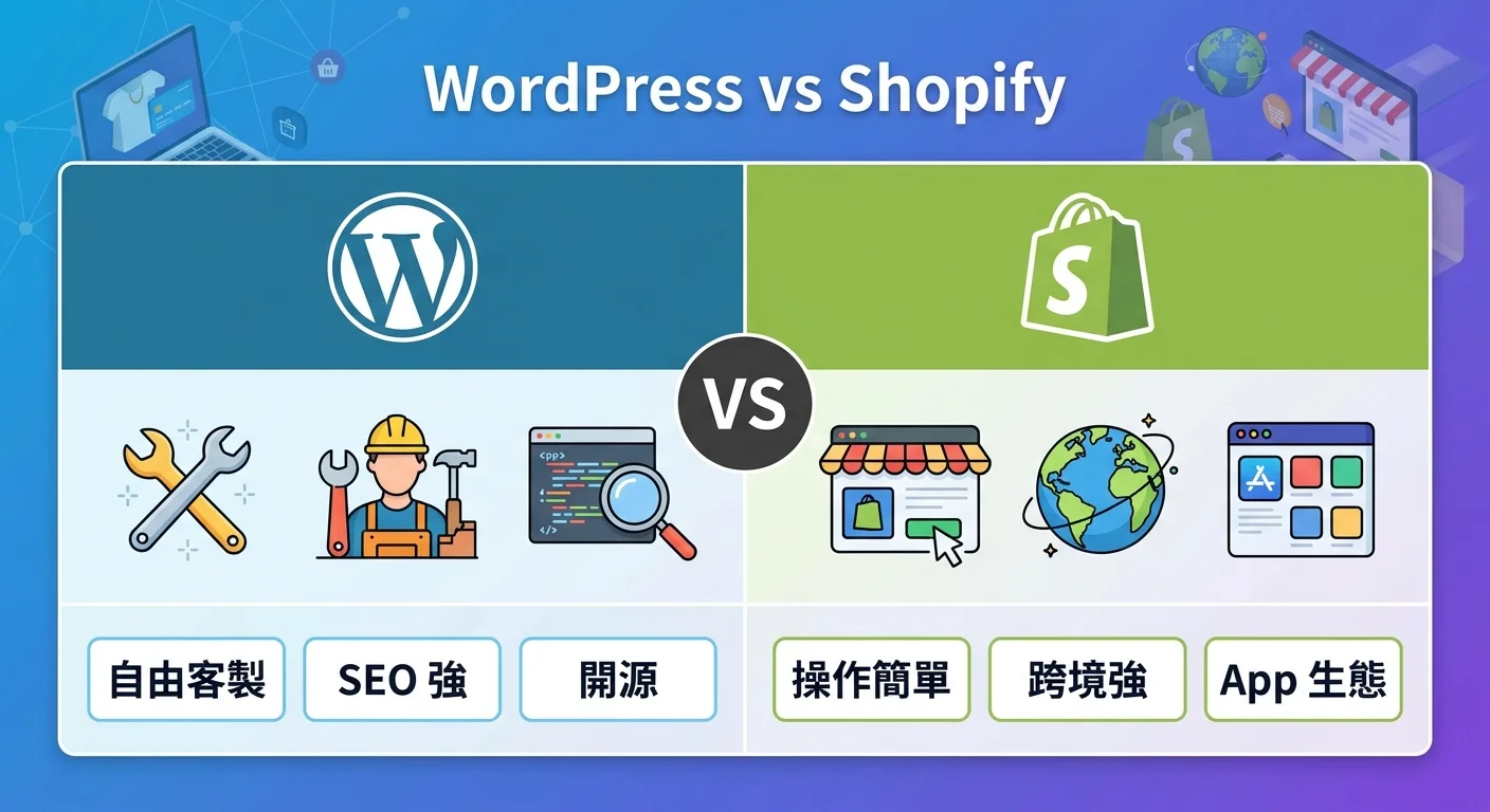 WordPress 與 Shopify 對決示意圖，左側 WordPress 標誌搭配「自由客製」「SEO 強」「開源」三個標籤，右側 Shopify 標誌搭配「操作簡單」「跨境強」「App 生態」三個標籤，中間以 VS 分隔