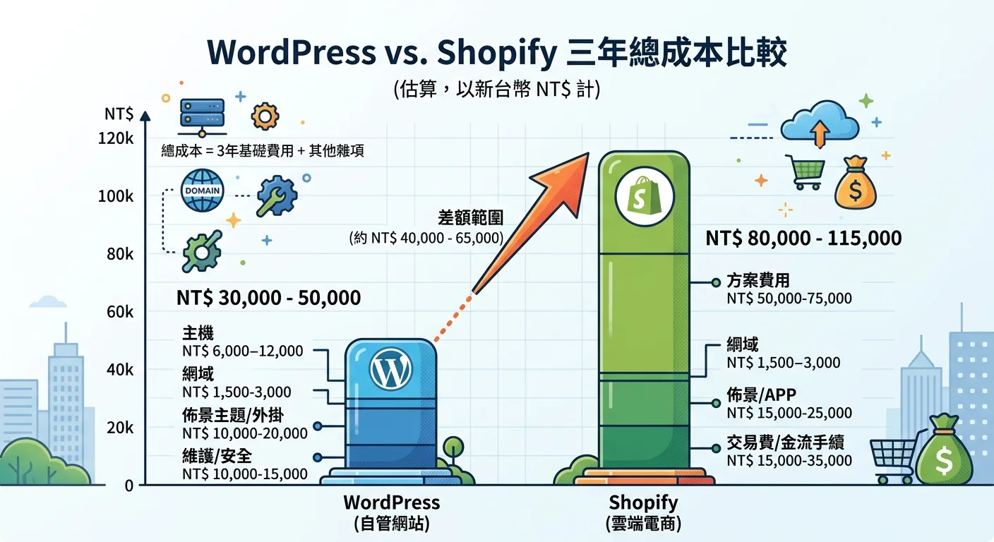 WordPress vs Shopify 三年總成本比較長條圖，WordPress 長條較短標示約 NT$30,000-50,000，Shopify 長條較長標示約 NT$80,000-115,000，差額以箭頭標示