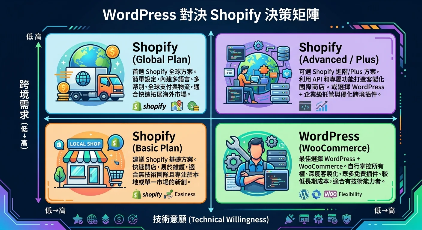 WordPress vs Shopify 決策矩陣，橫軸為「技術意願」（低→高），縱軸為「跨境需求」（低→高），四象限分別標示推薦方案