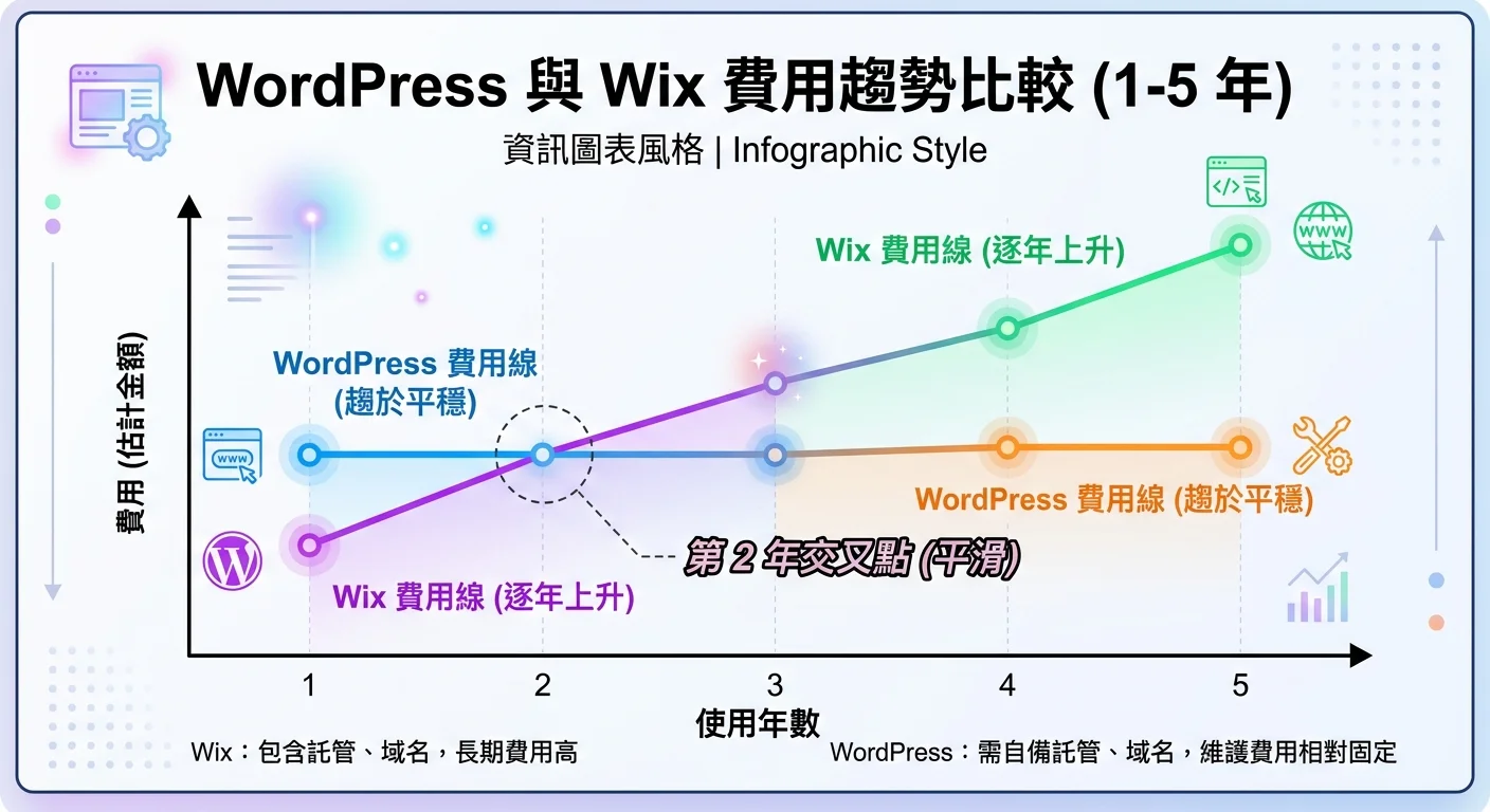WordPress vs Wix 費用趨勢線圖，橫軸為「使用年數」（1-5 年），Wix 的費用線逐年上升，WordPress 的費用線趨於平穩，約第 2 年交叉