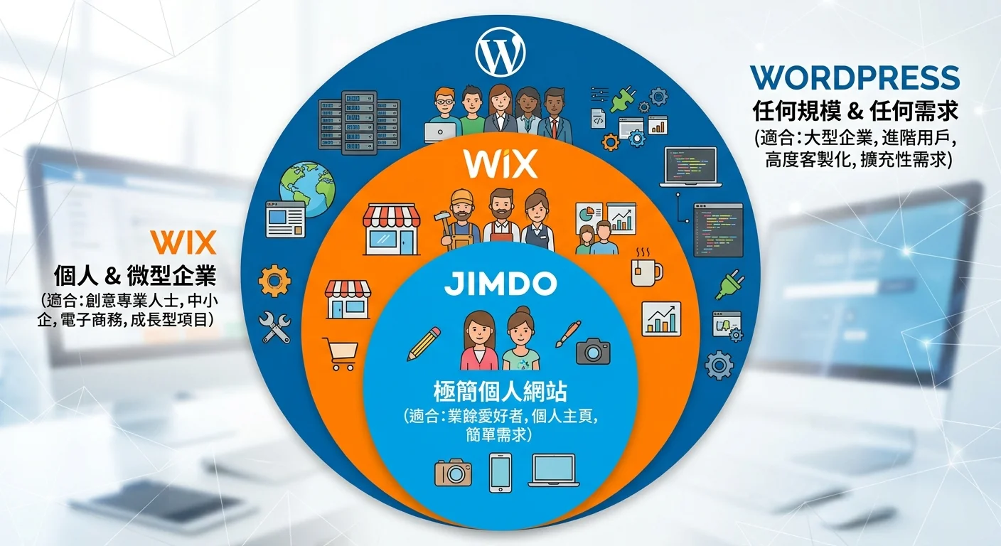 WordPress、Wix、Jimdo 三平台適用對象圖，以三個同心圓呈現：最內圈 Jimdo（極簡個人網站），中圈 Wix（個人/微型企業），外圈 WordPress（任何規模任何需求）