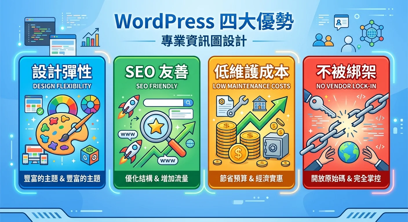 WordPress 四大優勢的圖示，設計彈性（調色盤）、SEO 友善（搜尋圖示）、低維護成本（錢幣）、不被綁架（鎖鏈斷開）