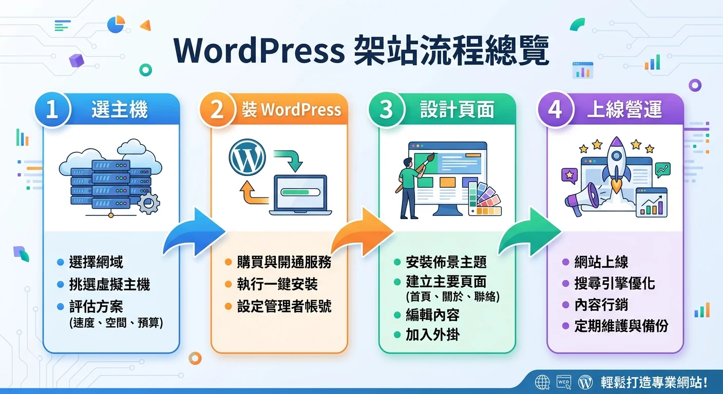 WordPress 架站流程總覽資訊圖，從左到右依序顯示：選主機、裝 WordPress、設計頁面、上線營運四個階段，每階段用簡單圖示搭配箭頭串連