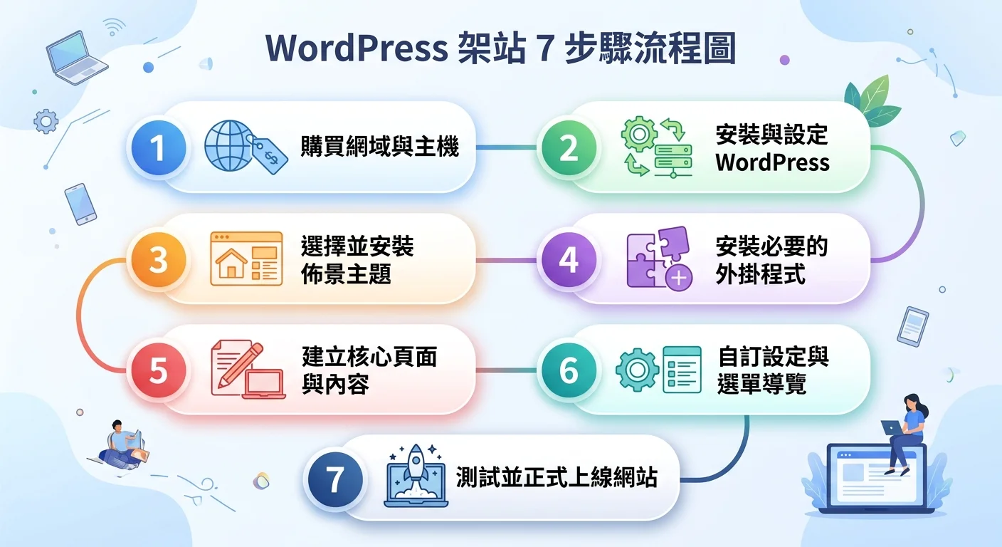 WordPress 架站 7 步驟流程圖，由上到下排列，每個步驟用數字圓圈標示，搭配簡單的圖示和一句話說明