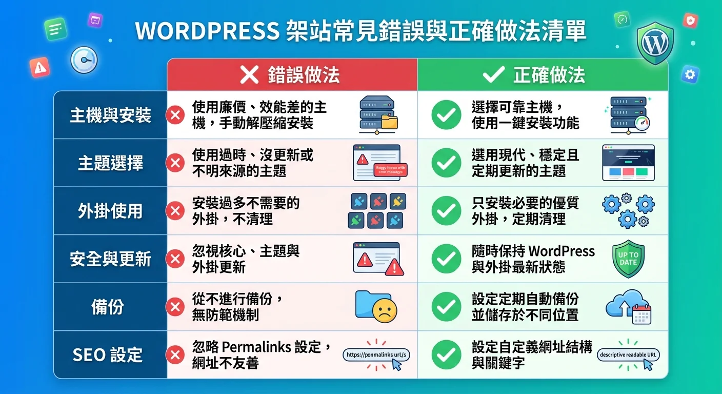 WordPress 架站常見錯誤清單，用紅色叉號和綠色勾號對比呈現「錯誤做法」和「正確做法」，排列成表格式