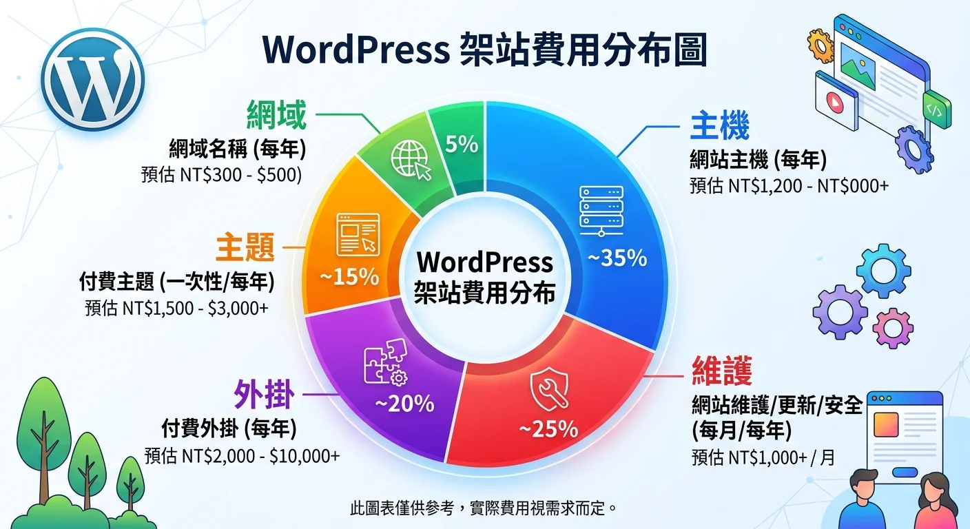 WordPress 架站費用分布圓餅圖，顯示各項目佔比：主機、網域、主題、外掛、維護