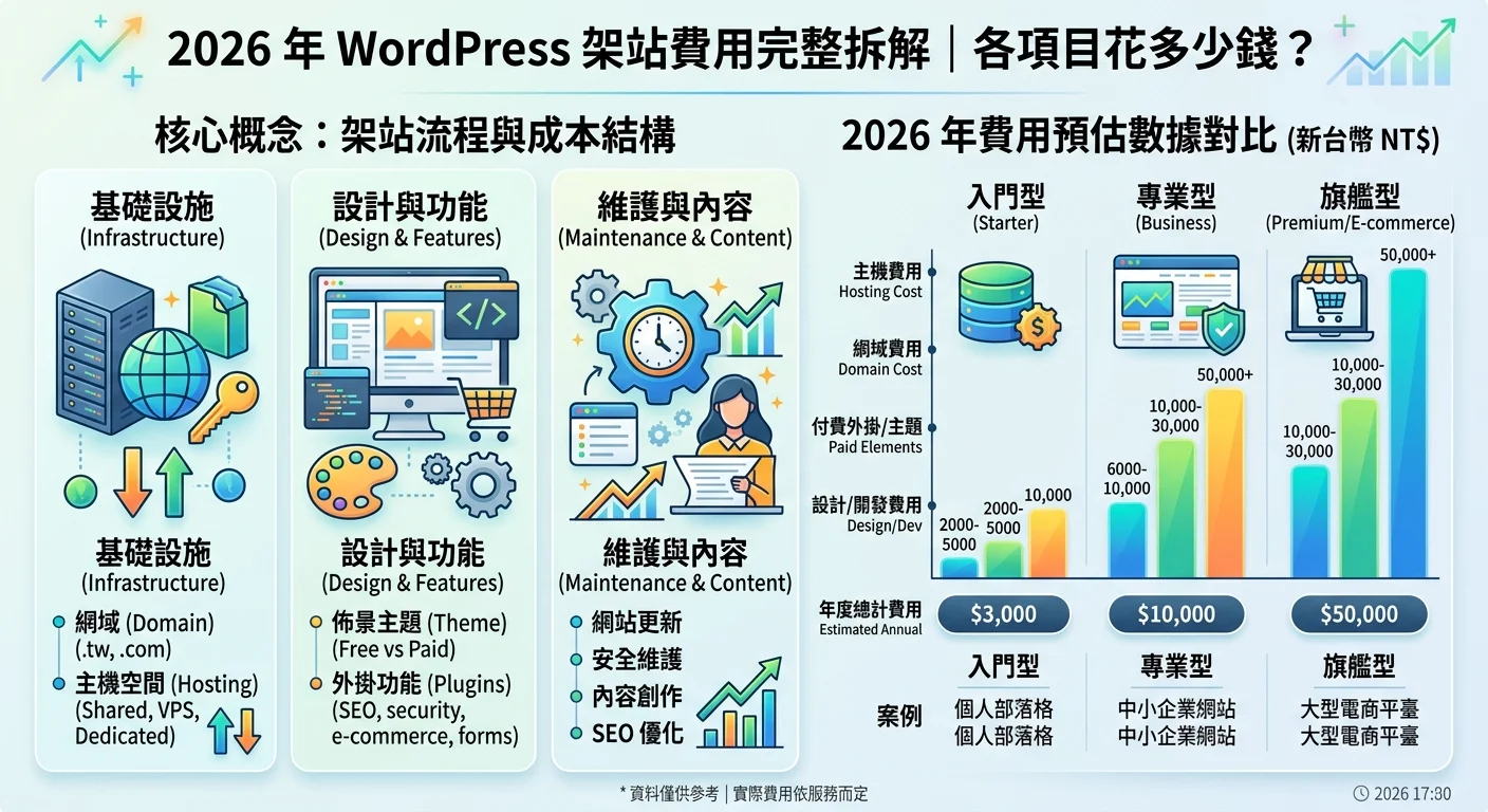 WordPress 架站費用完整拆解｜2026 年各項目花多少錢？相關的視覺化資訊圖，展示核心概念與數據對比
