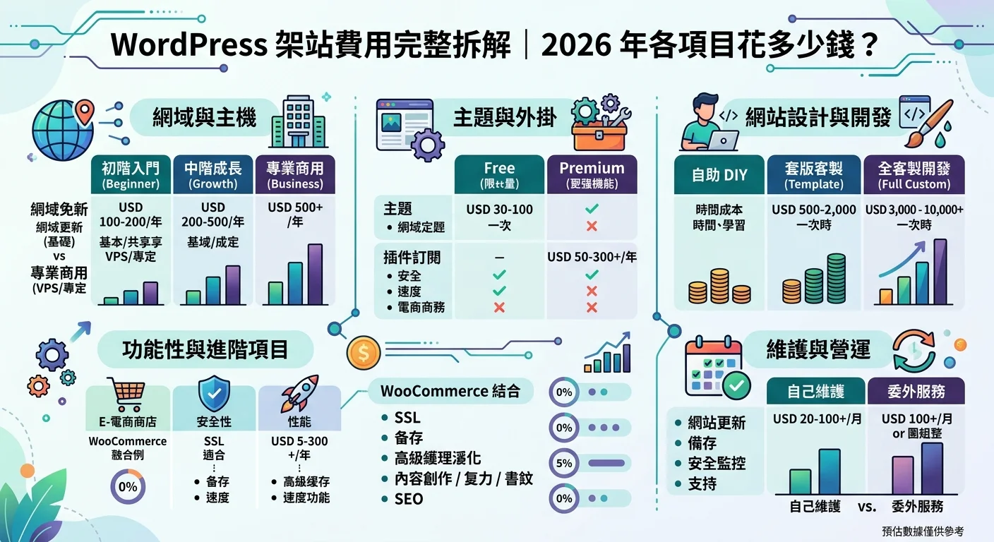 WordPress 架站費用完整拆解｜2026 年各項目花多少錢？相關的視覺化資訊圖，展示核心概念與數據對比