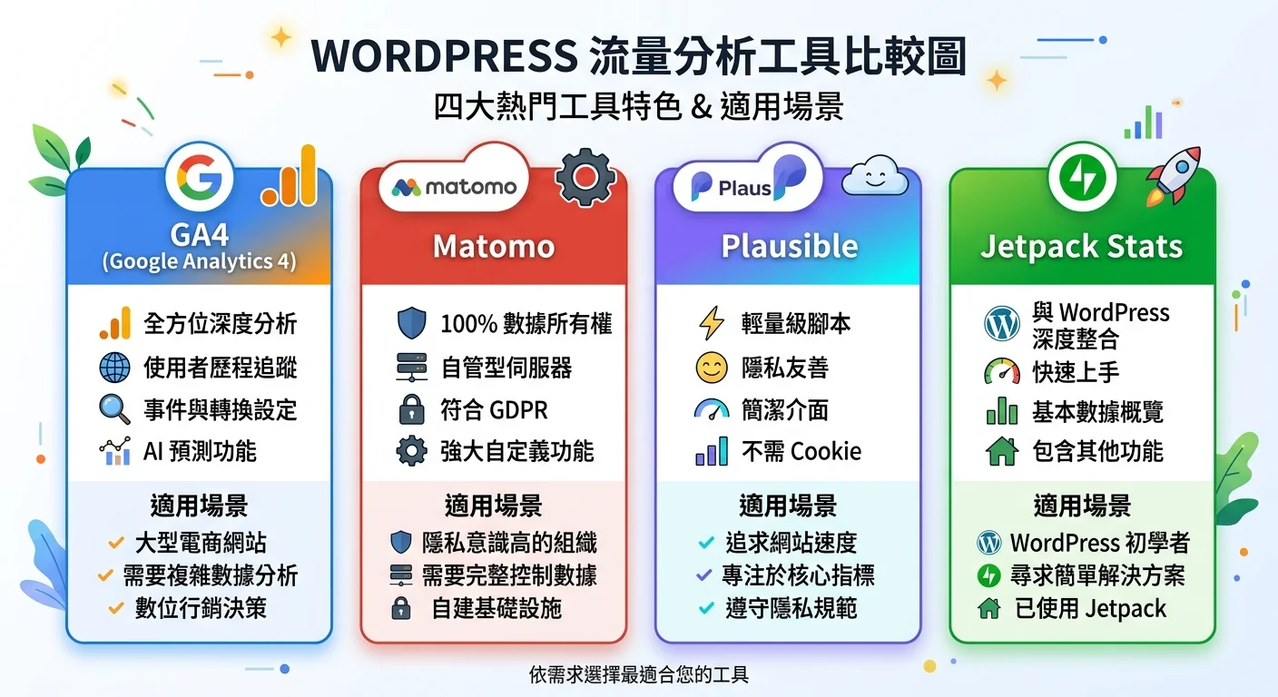 WordPress 流量分析工具比較圖，四個工具卡片：GA4、Matomo、Plausible、Jetpack Stats，各標示特色和適用場景