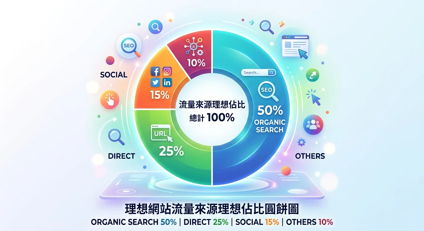 流量來源理想佔比圓餅圖，Organic Search 50%、Direct 25%、Social 15%、Others 10%