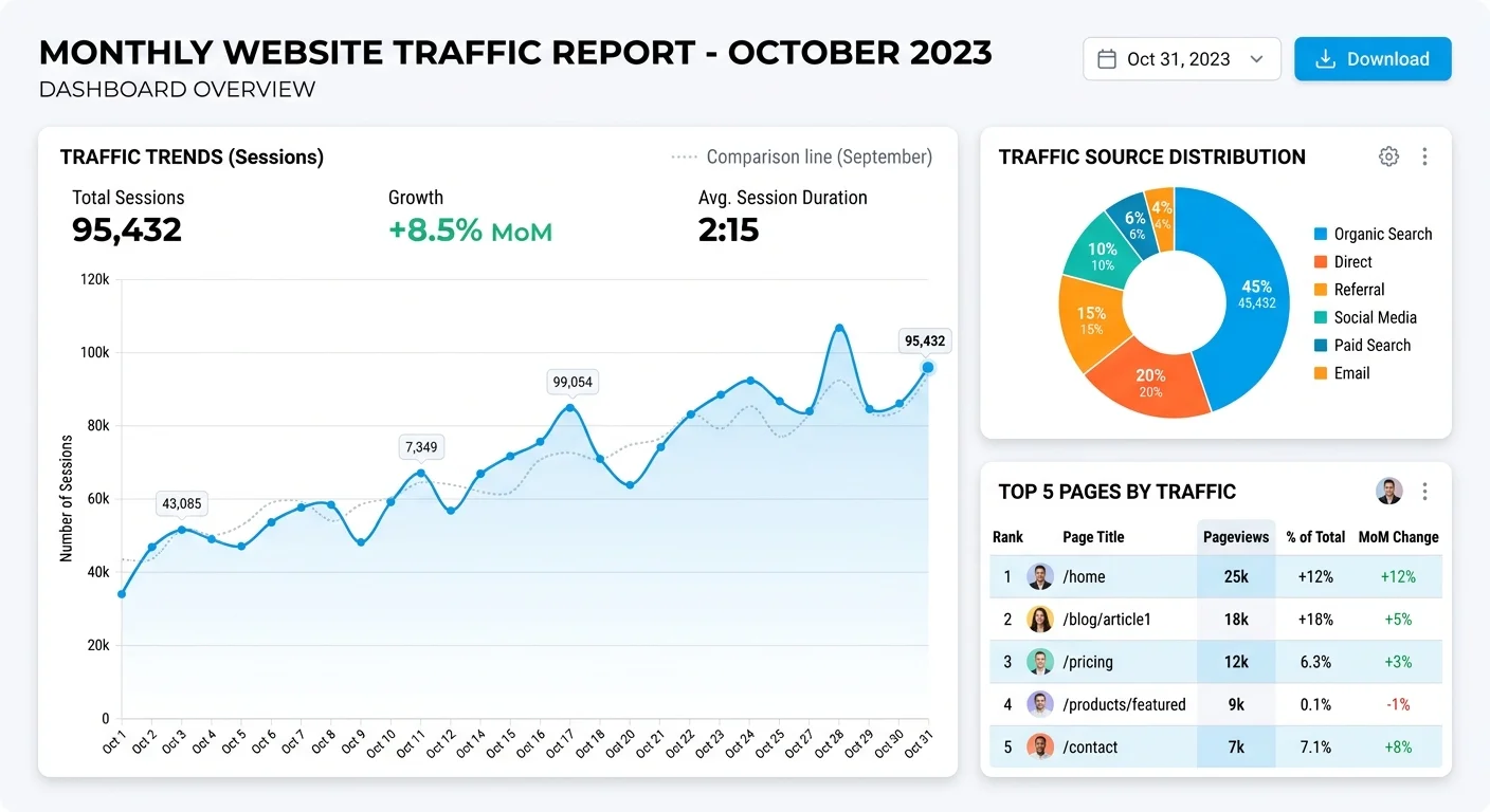 月度流量報告模板示意，包含流量趨勢折線圖、來源分布、Top 5 頁面表格