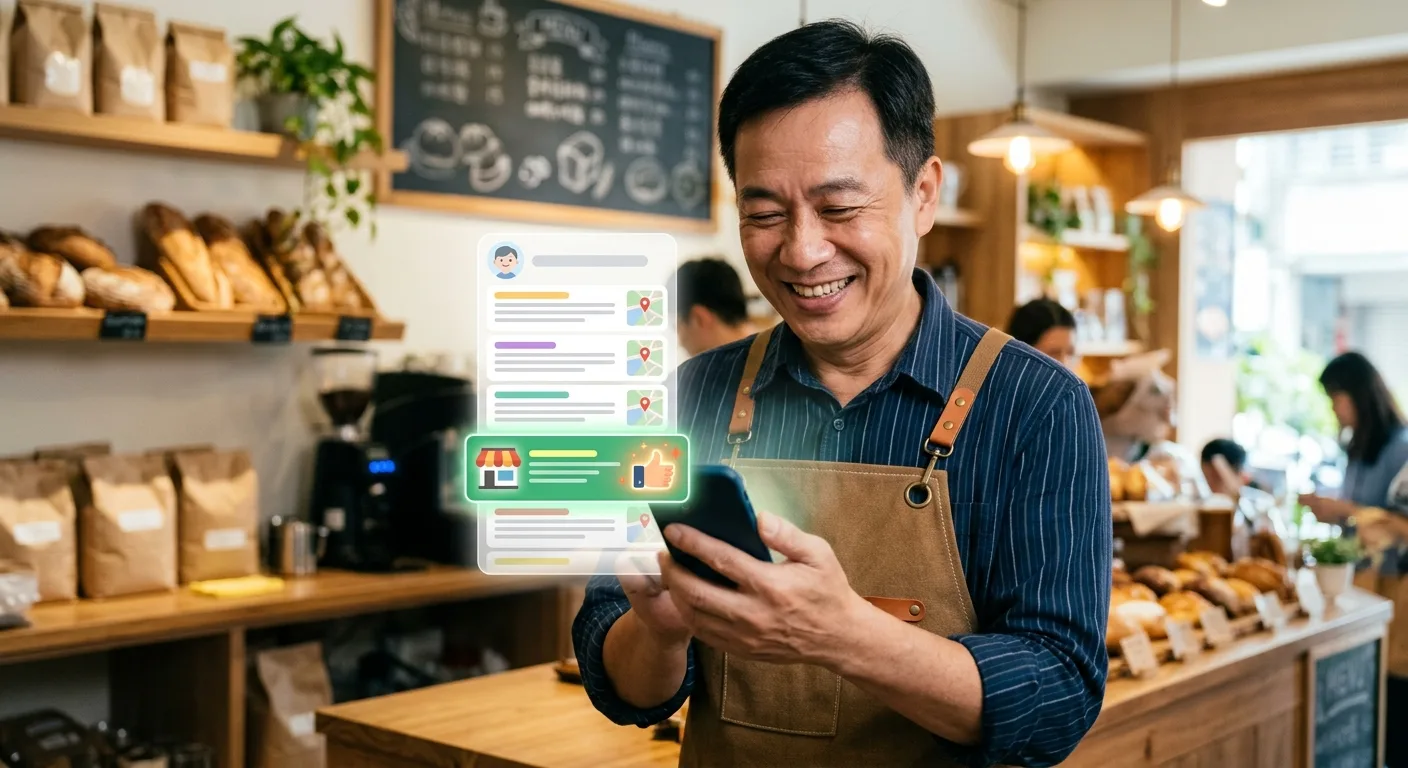 CTA 配圖,一位小店老闆看著手機,手機畫面上 AI 助理的推薦名單中出現了自己的店名(用高亮表示),氛圍正面;圖中不得出現任何文字、字母、數字、年份、網址或 logo——純圖形構圖