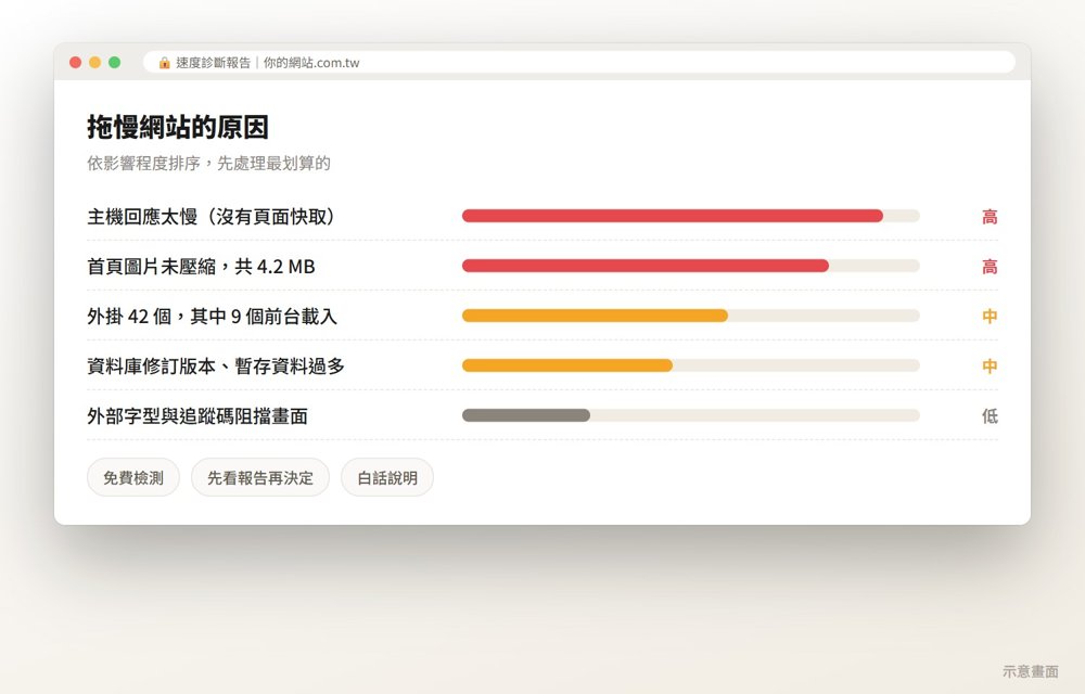 WordPress 速度診斷報告示意