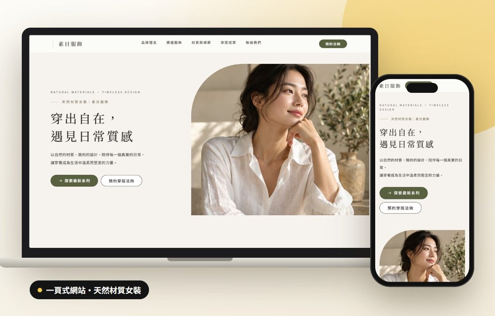 一頁式網站案例・天然材質女裝：素日服飾的電腦與手機畫面