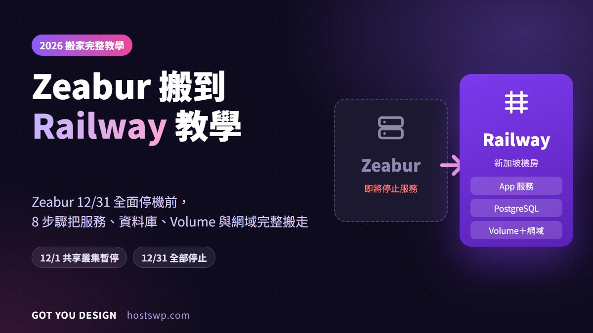 Zeabur 搬到 Railway 教學：12/31 停機前 8 步驟搬走服務、資料庫、Volume 與網域